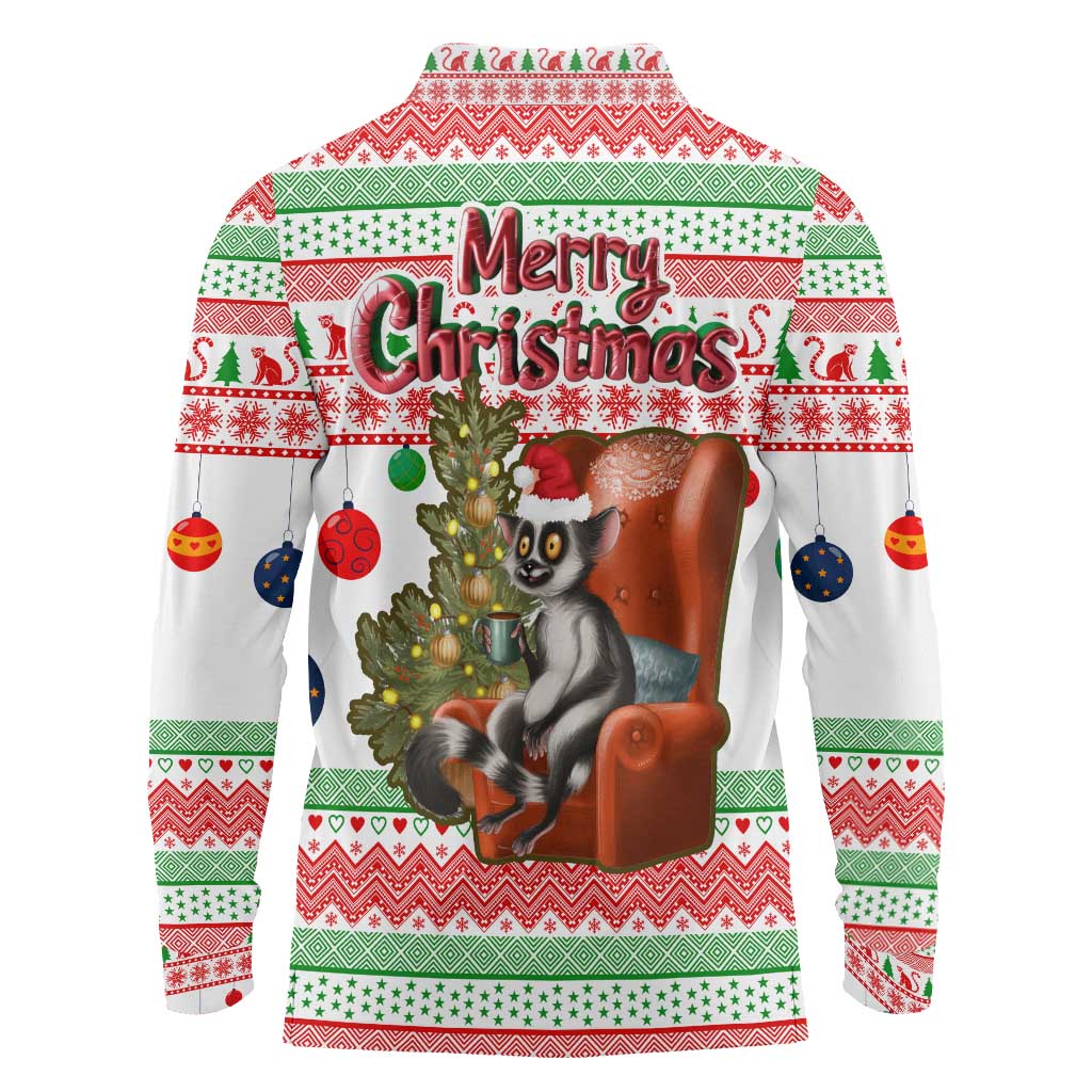 Madagascar Christmas Long Sleeve Polo Shirt with Lemur Santa Hat Holiday Tree and Festive Pattern - Wonder Print Shop