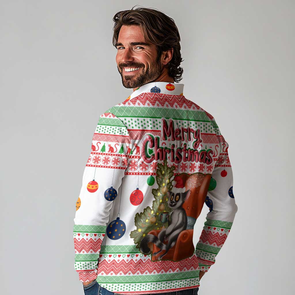 Madagascar Christmas Long Sleeve Polo Shirt with Lemur Santa Hat Holiday Tree and Festive Pattern - Wonder Print Shop