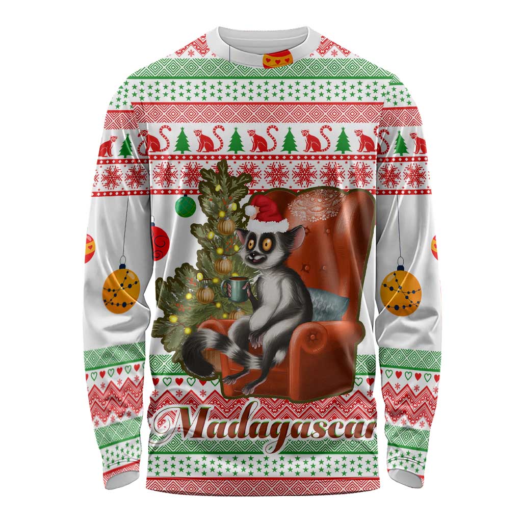 Madagascar Christmas Long Sleeve Shirt with Lemur Santa Hat Holiday Tree and Festive Pattern - Wonder Print Shop