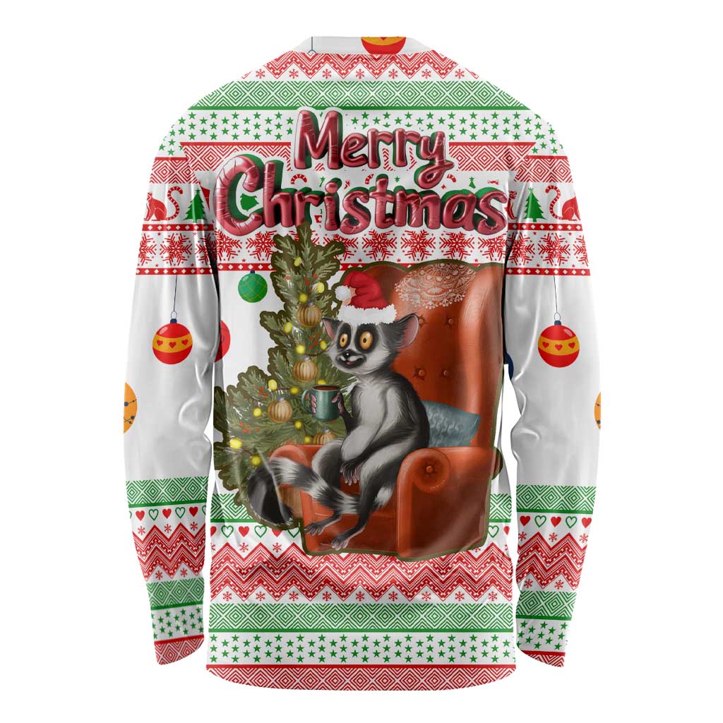 Madagascar Christmas Long Sleeve Shirt with Lemur Santa Hat Holiday Tree and Festive Pattern - Wonder Print Shop