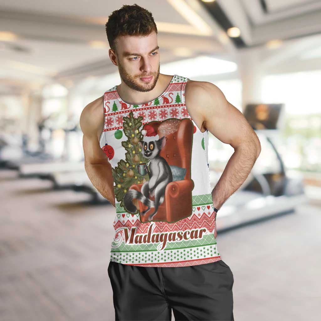 Madagascar Christmas Men Tank Top with Lemur Santa Hat Holiday Tree and Festive Pattern - Wonder Print Shop