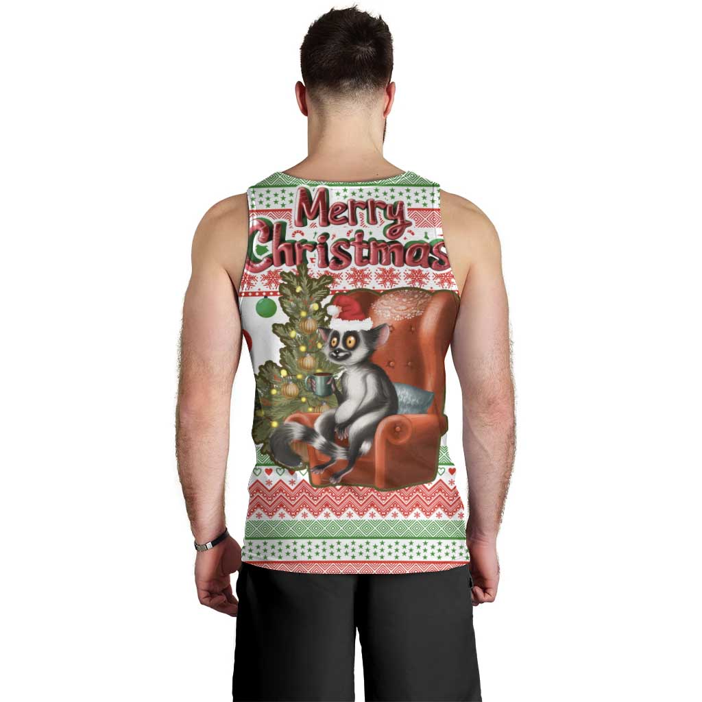 Madagascar Christmas Men Tank Top with Lemur Santa Hat Holiday Tree and Festive Pattern - Wonder Print Shop