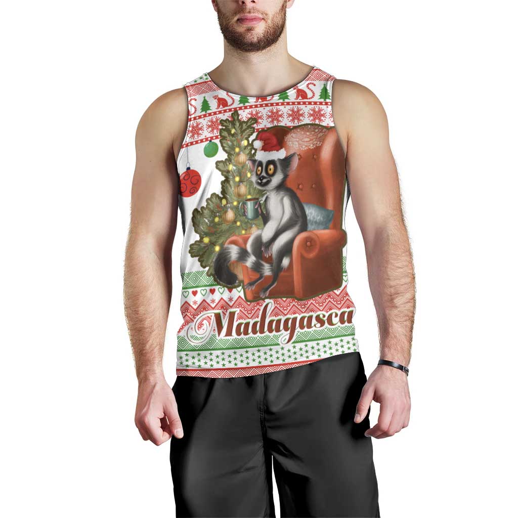 Madagascar Christmas Men Tank Top with Lemur Santa Hat Holiday Tree and Festive Pattern - Wonder Print Shop