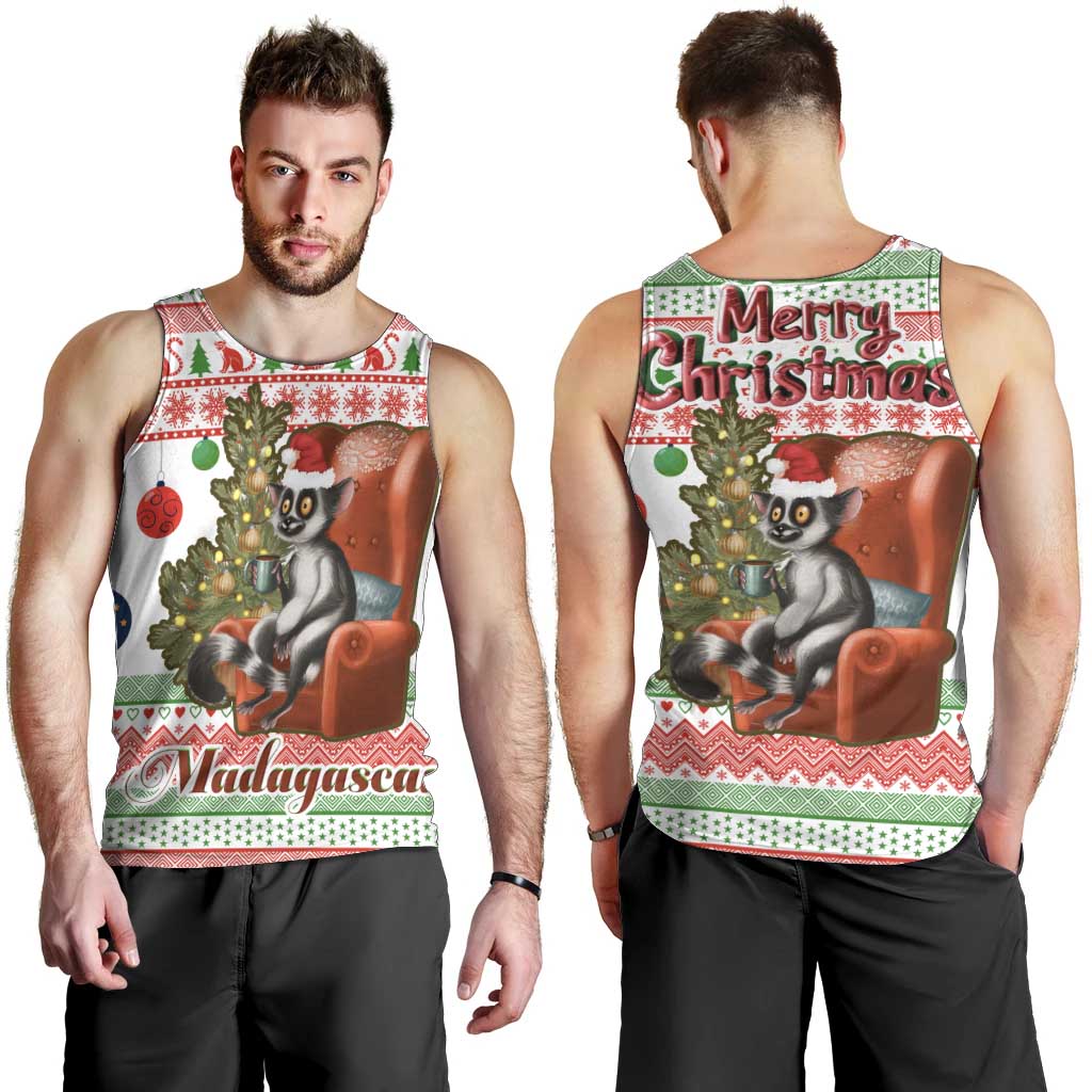 Madagascar Christmas Men Tank Top with Lemur Santa Hat Holiday Tree and Festive Pattern - Wonder Print Shop