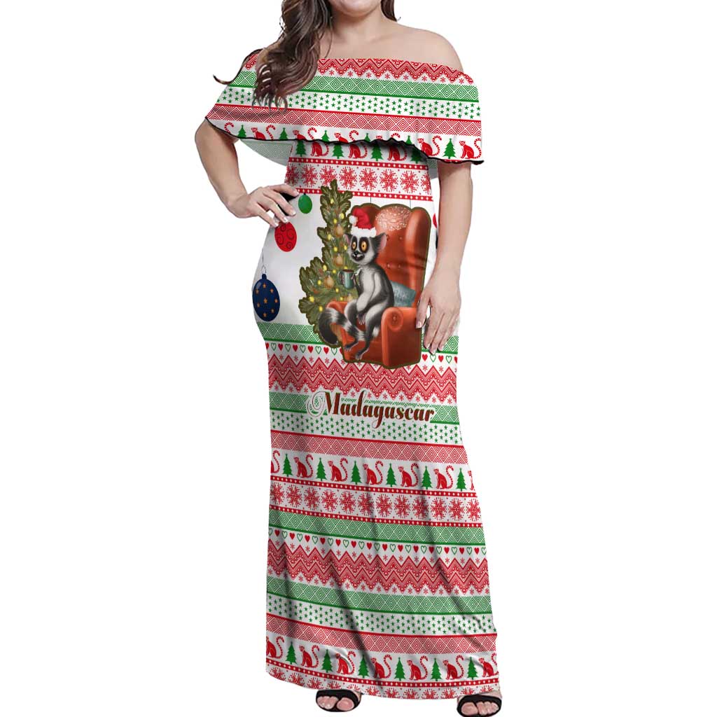 Madagascar Christmas Off Shoulder Maxi Dress with Lemur Santa Hat Holiday Tree and Festive Pattern - Wonder Print Shop