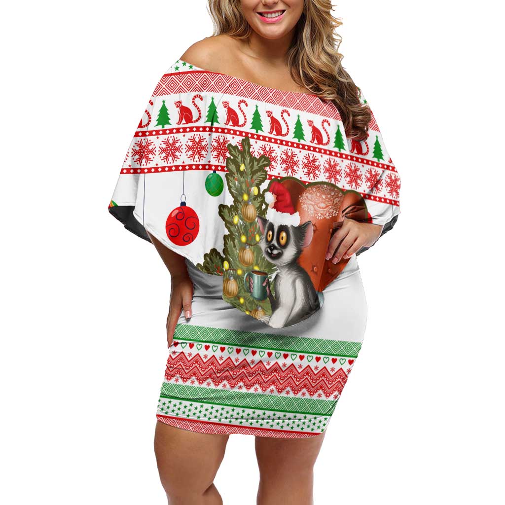 Madagascar Christmas Off Shoulder Short Dress with Lemur Santa Hat Holiday Tree and Festive Pattern - Wonder Print Shop