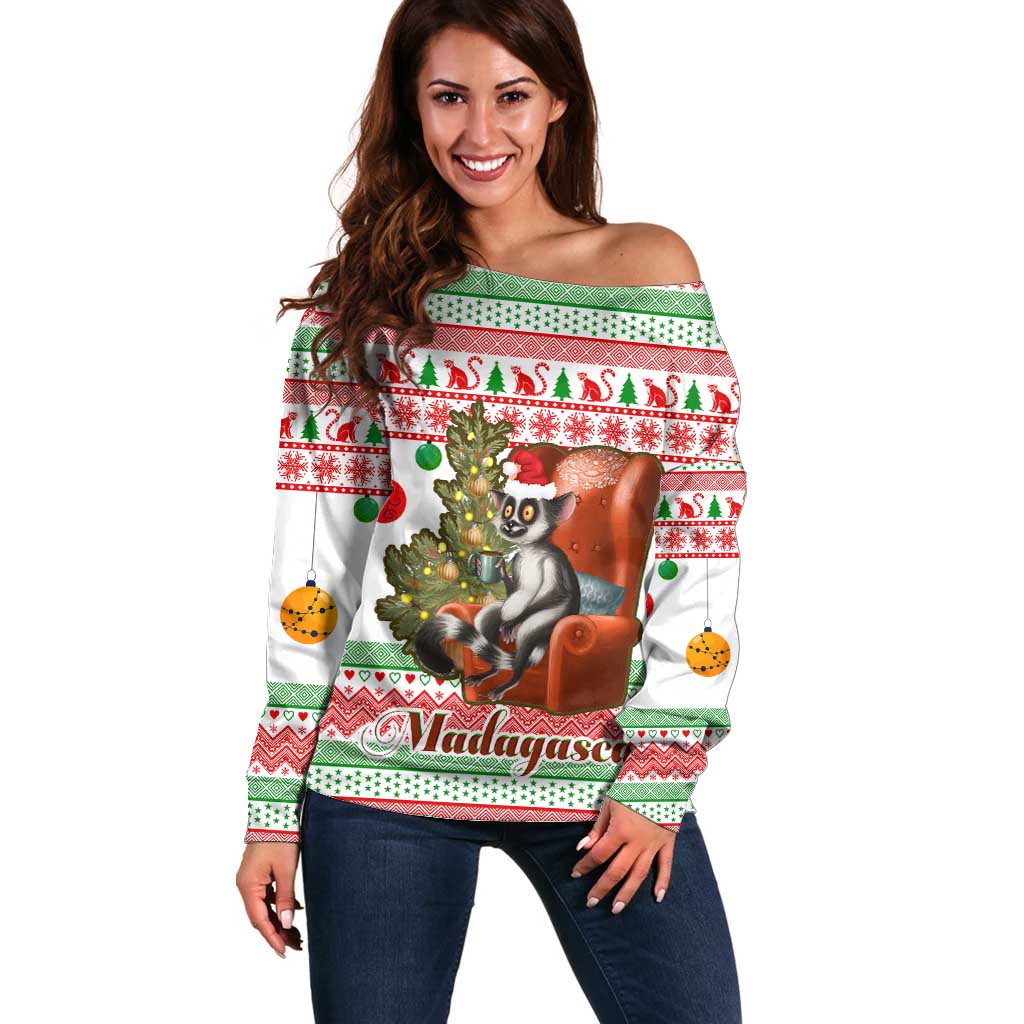 Madagascar Christmas Off Shoulder Sweater with Lemur Santa Hat Holiday Tree and Festive Pattern - Wonder Print Shop
