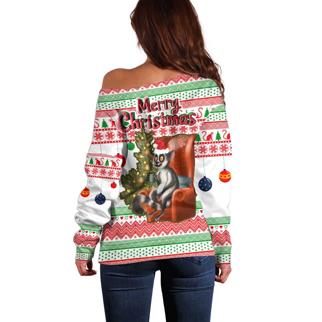Madagascar Christmas Off Shoulder Sweater with Lemur Santa Hat Holiday Tree and Festive Pattern - Wonder Print Shop