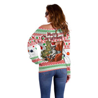Madagascar Christmas Off Shoulder Sweater with Lemur Santa Hat Holiday Tree and Festive Pattern - Wonder Print Shop