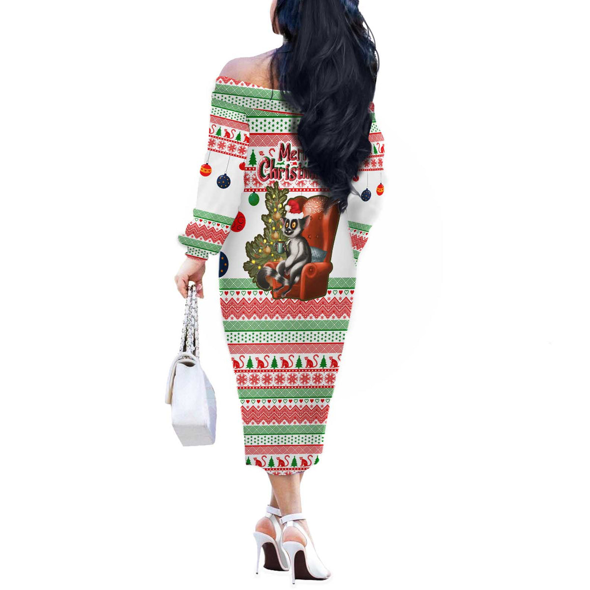 Madagascar Christmas Off The Shoulder Long Sleeve Dress with Lemur Santa Hat Holiday Tree and Festive Pattern - Wonder Print Shop