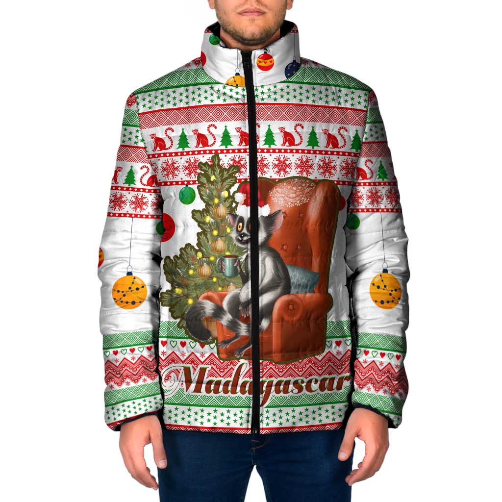 Madagascar Christmas Padded Jacket with Lemur Santa Hat Holiday Tree and Festive Pattern - Wonder Print Shop