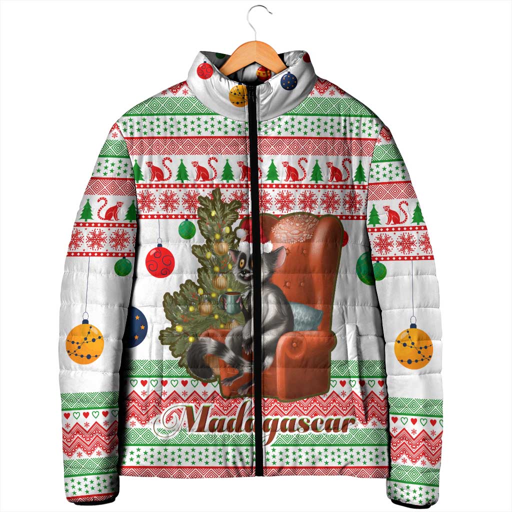 Madagascar Christmas Padded Jacket with Lemur Santa Hat Holiday Tree and Festive Pattern - Wonder Print Shop
