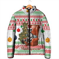 Madagascar Christmas Padded Jacket with Lemur Santa Hat Holiday Tree and Festive Pattern - Wonder Print Shop