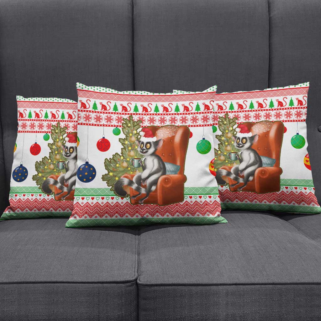 Madagascar Christmas Pillow Cover with Lemur Santa Hat Holiday Tree and Festive Pattern - Wonder Print Shop