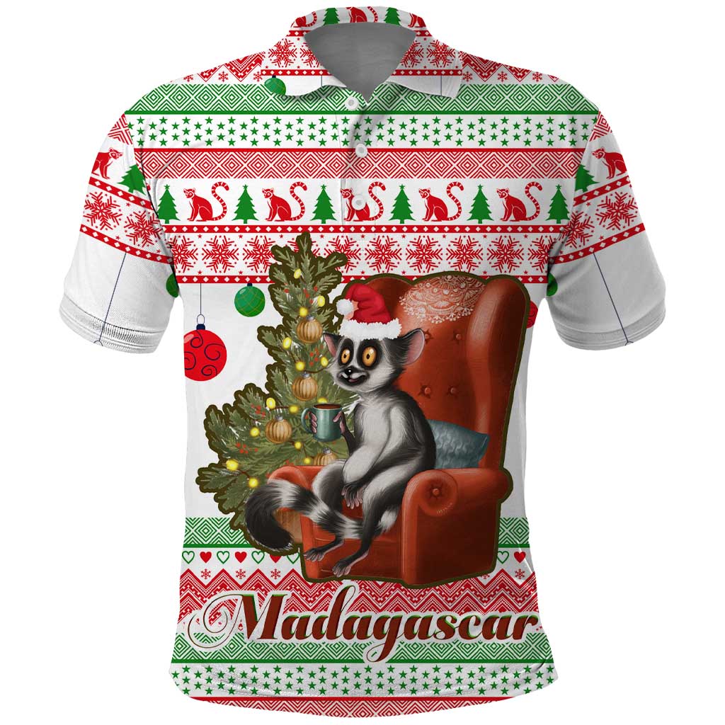 Madagascar Christmas Polo Shirt with Lemur Santa Hat Holiday Tree and Festive Pattern - Wonder Print Shop