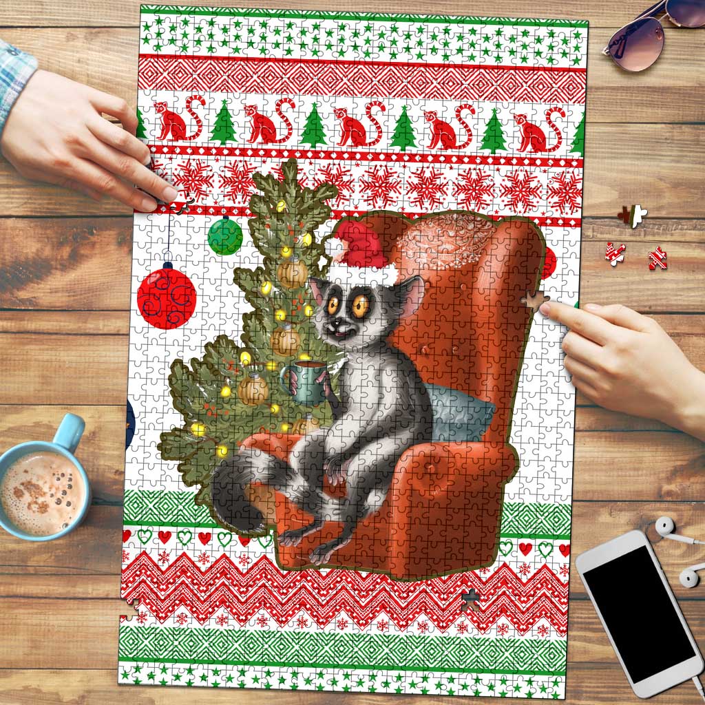 Madagascar Christmas Puzzle with Lemur Santa Hat Holiday Tree and Festive Pattern - Wonder Print Shop