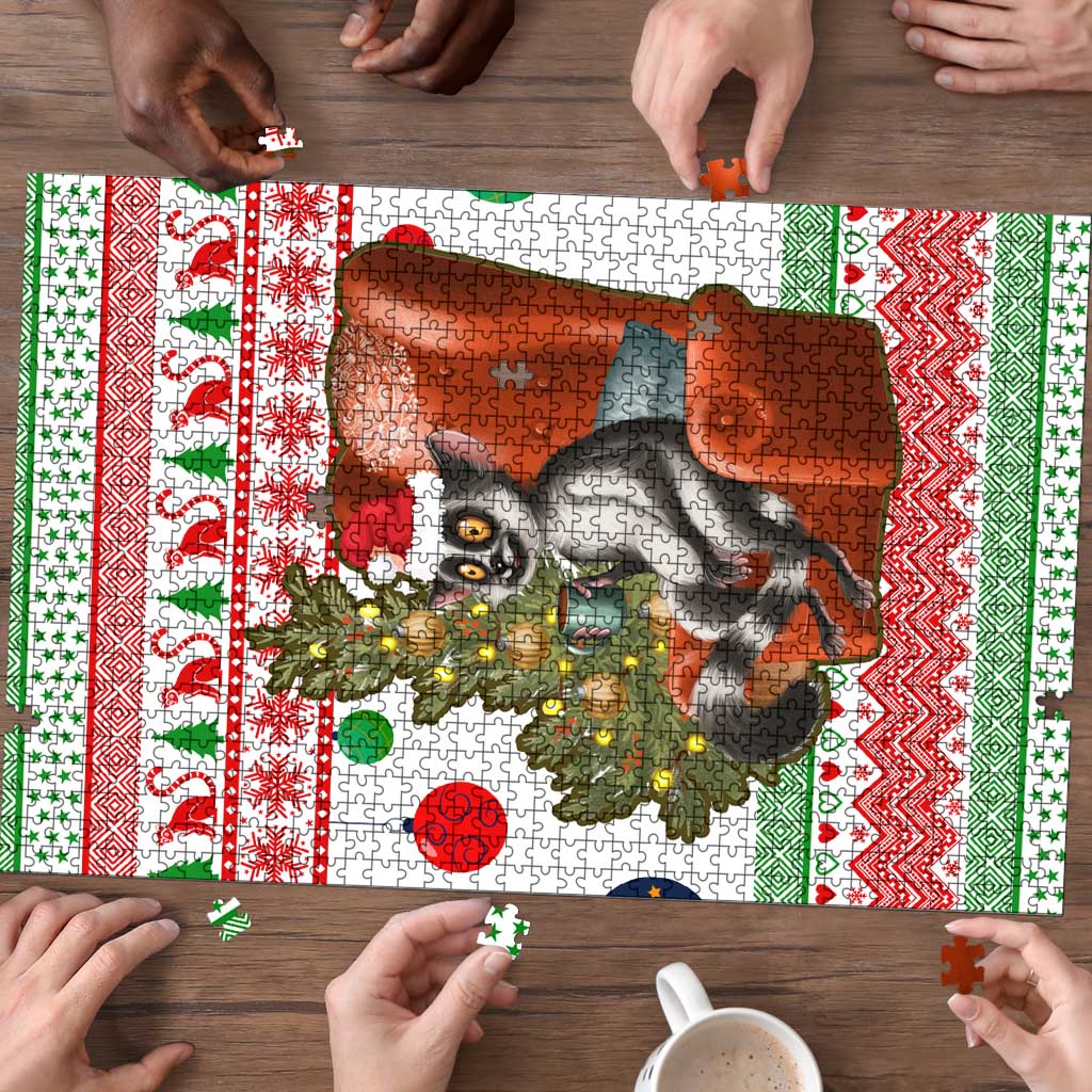 Madagascar Christmas Puzzle with Lemur Santa Hat Holiday Tree and Festive Pattern - Wonder Print Shop