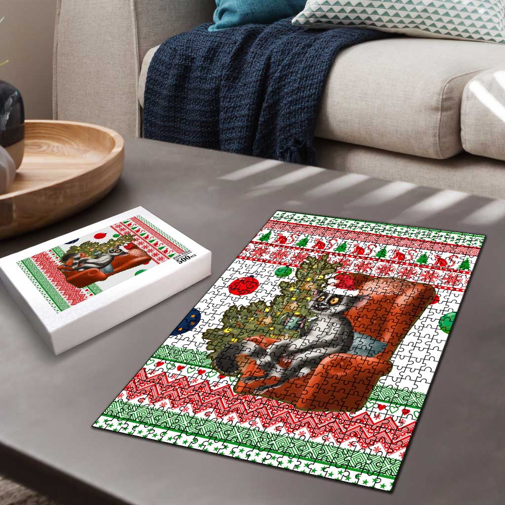 Madagascar Christmas Puzzle with Lemur Santa Hat Holiday Tree and Festive Pattern - Wonder Print Shop