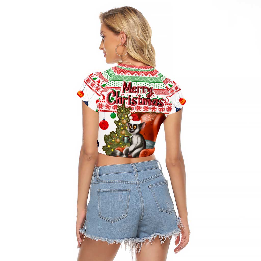 Madagascar Christmas Raglan Cropped T Shirt with Lemur Santa Hat Holiday Tree and Festive Pattern - Wonder Print Shop