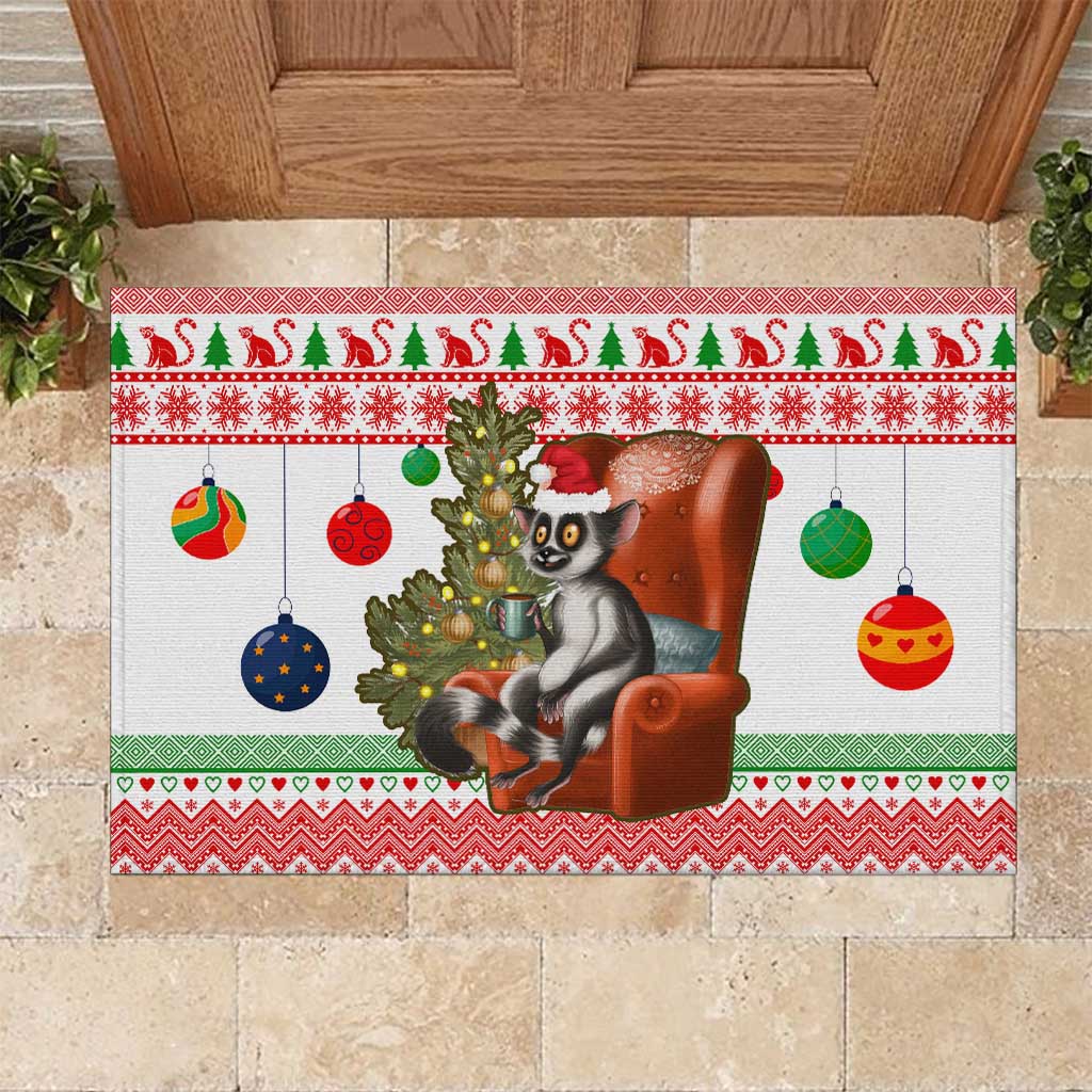 Madagascar Christmas Rubber Doormat with Lemur Santa Hat Holiday Tree and Festive Pattern - Wonder Print Shop