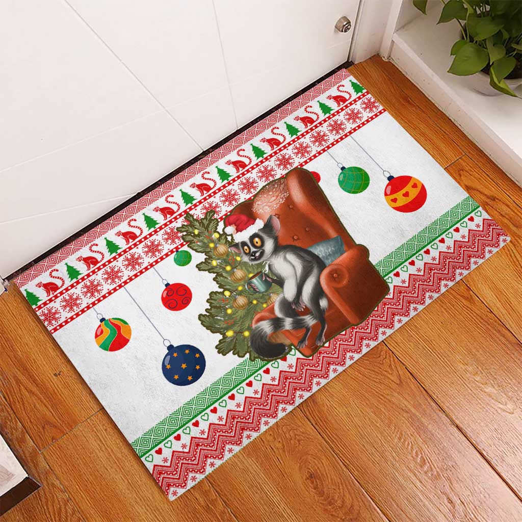 Madagascar Christmas Rubber Doormat with Lemur Santa Hat Holiday Tree and Festive Pattern - Wonder Print Shop