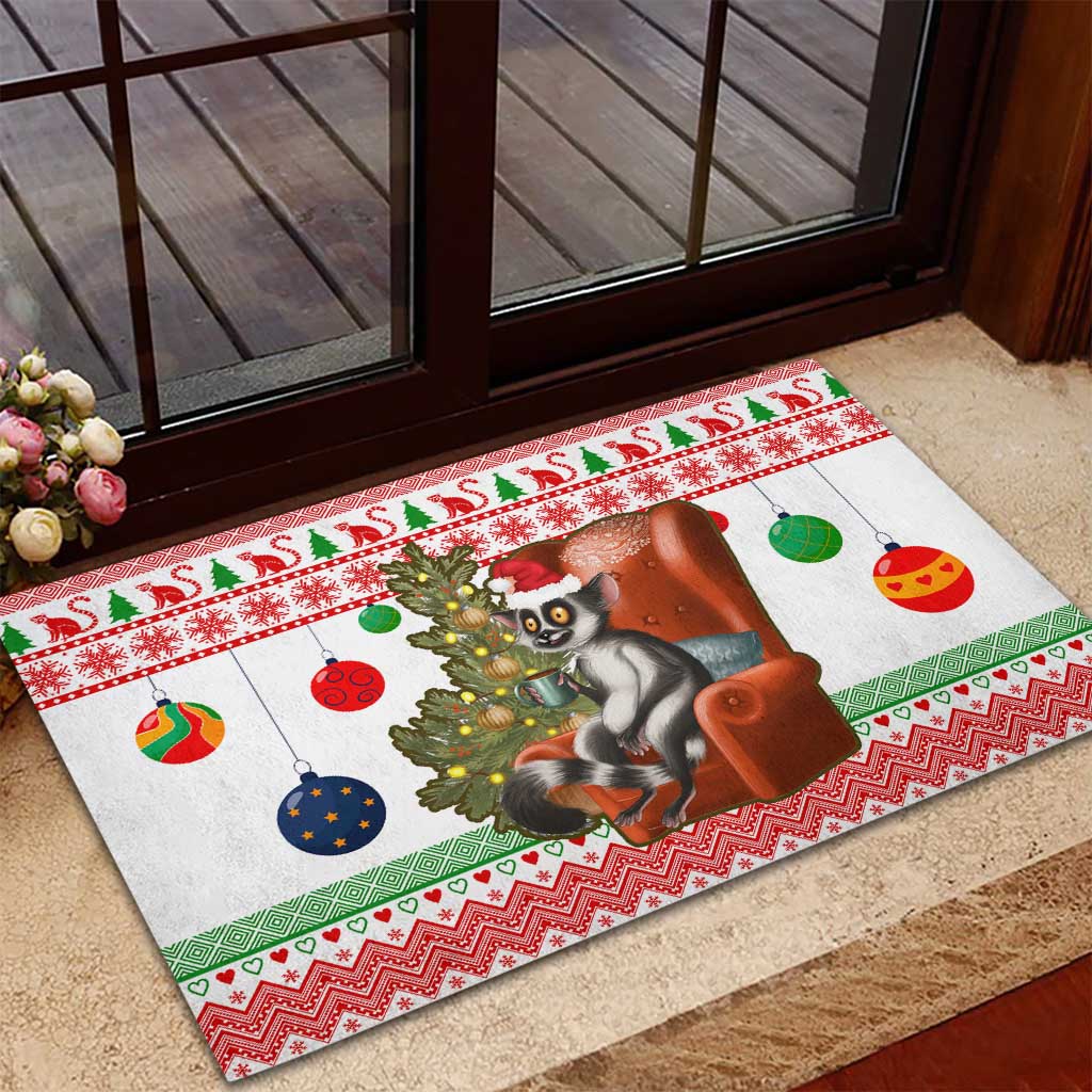 Madagascar Christmas Rubber Doormat with Lemur Santa Hat Holiday Tree and Festive Pattern - Wonder Print Shop
