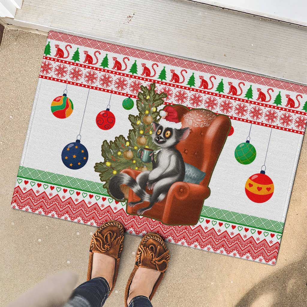 Madagascar Christmas Rubber Doormat with Lemur Santa Hat Holiday Tree and Festive Pattern - Wonder Print Shop