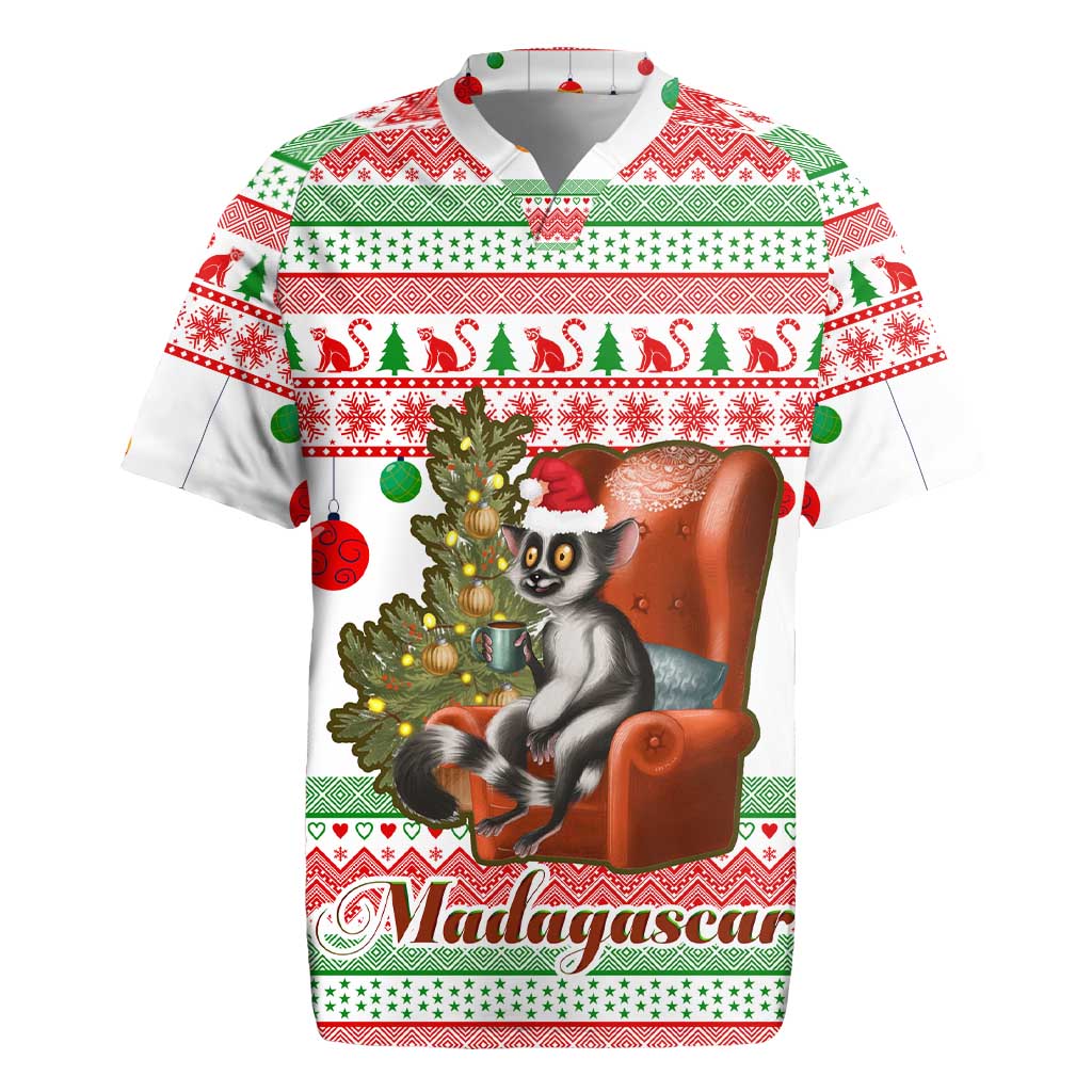Madagascar Christmas Rugby Jersey with Lemur Santa Hat Holiday Tree and Festive Pattern - Wonder Print Shop
