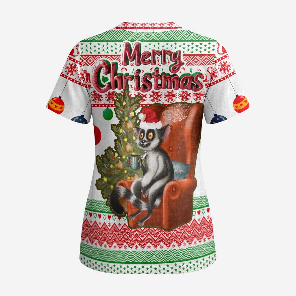 Madagascar Christmas Scrub Top with Lemur Santa Hat Holiday Tree and Festive Pattern - Wonder Print Shop