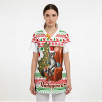 Madagascar Christmas Scrub Top with Lemur Santa Hat Holiday Tree and Festive Pattern - Wonder Print Shop