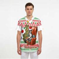 Madagascar Christmas Scrub Top with Lemur Santa Hat Holiday Tree and Festive Pattern - Wonder Print Shop