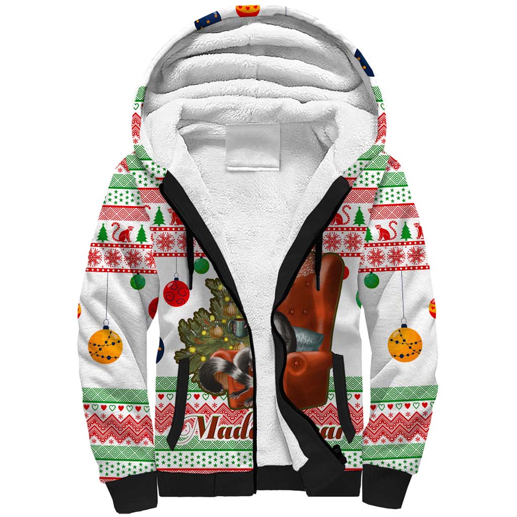 Madagascar Christmas Sherpa Hoodie with Lemur Santa Hat Holiday Tree and Festive Pattern - Wonder Print Shop