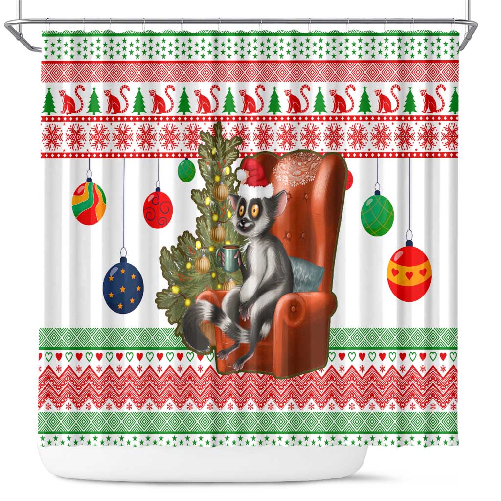 Madagascar Christmas Shower Curtain with Lemur Santa Hat Holiday Tree and Festive Pattern - Wonder Print Shop
