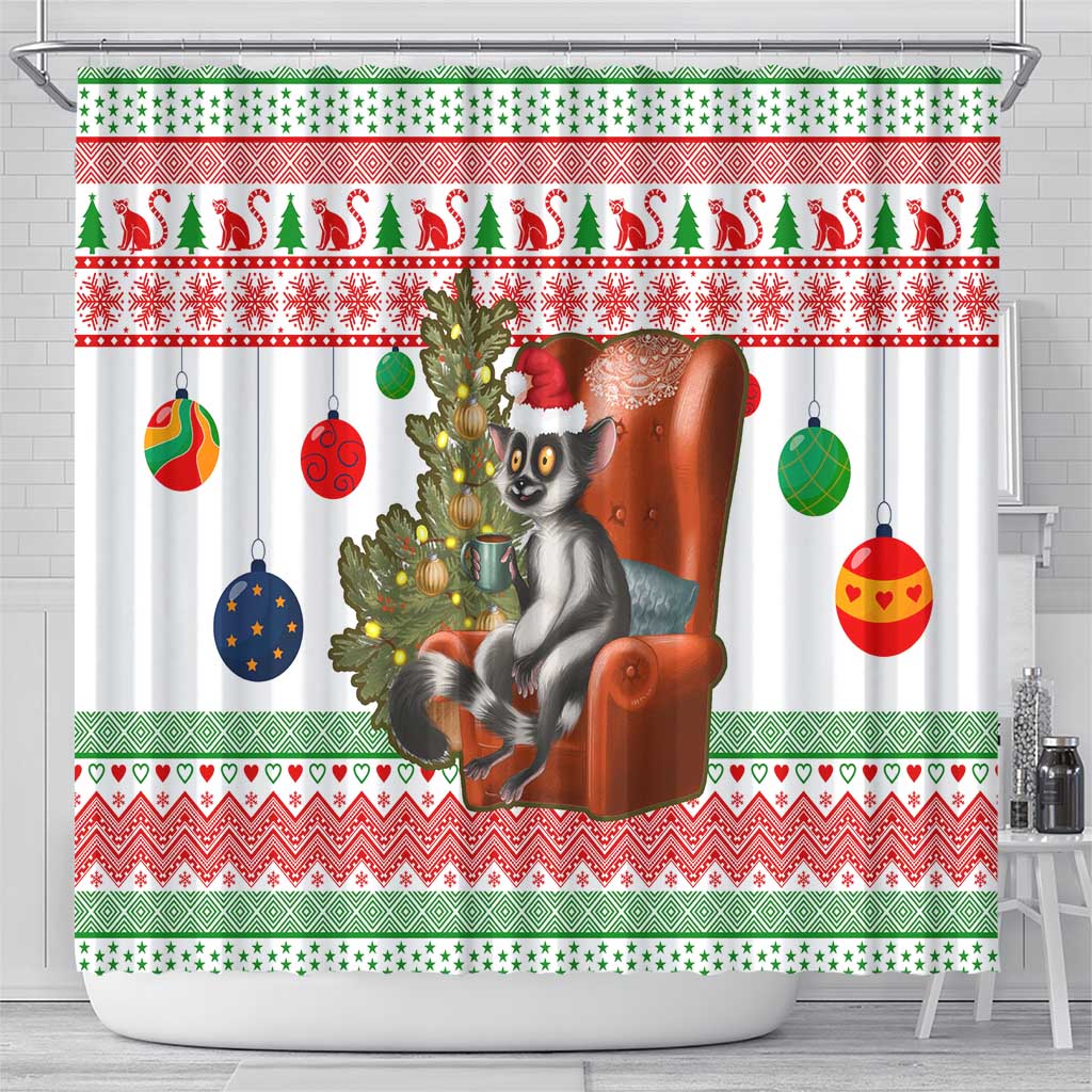 Madagascar Christmas Shower Curtain with Lemur Santa Hat Holiday Tree and Festive Pattern - Wonder Print Shop