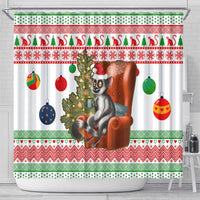 Madagascar Christmas Shower Curtain with Lemur Santa Hat Holiday Tree and Festive Pattern - Wonder Print Shop