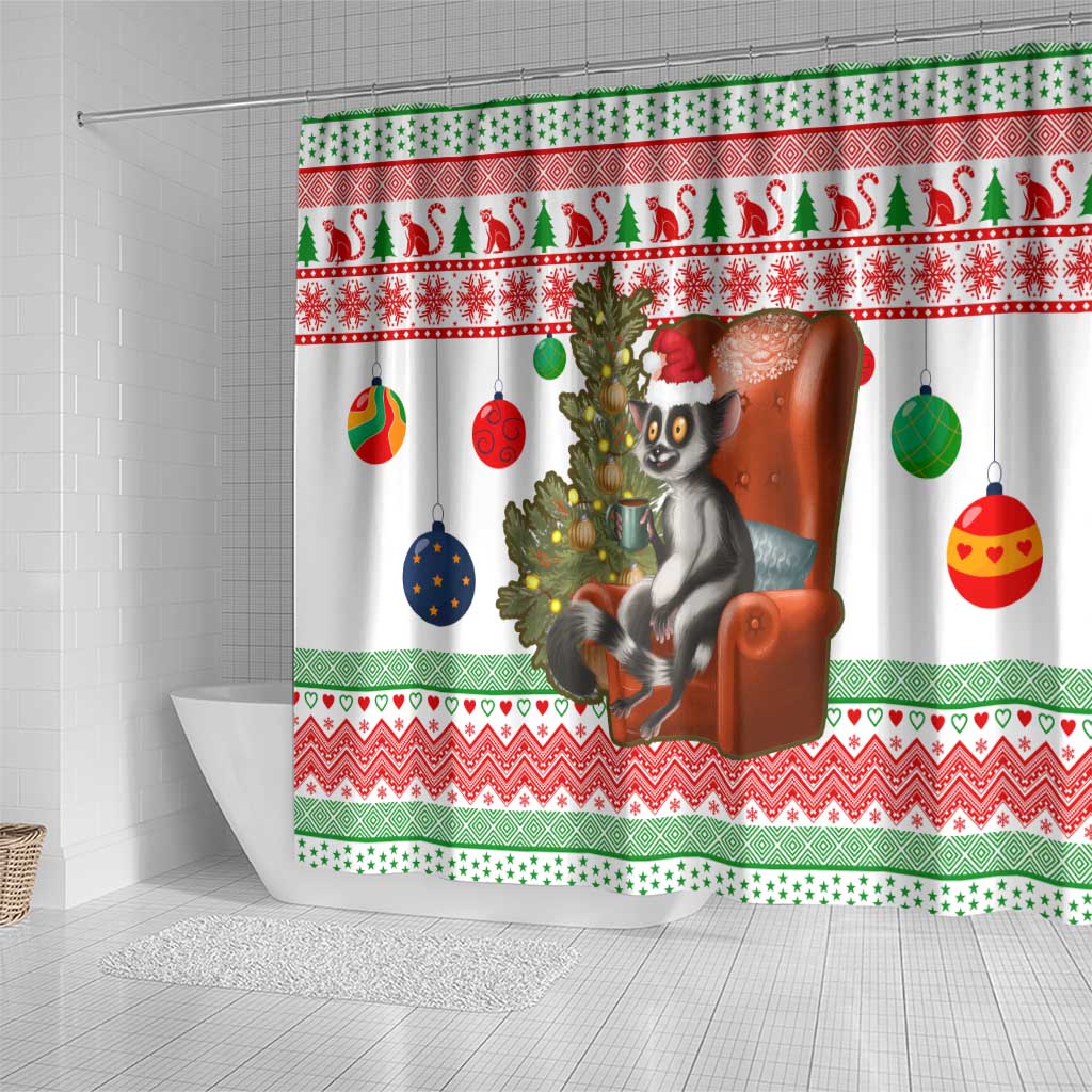 Madagascar Christmas Shower Curtain with Lemur Santa Hat Holiday Tree and Festive Pattern - Wonder Print Shop