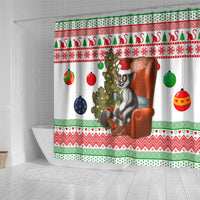 Madagascar Christmas Shower Curtain with Lemur Santa Hat Holiday Tree and Festive Pattern - Wonder Print Shop