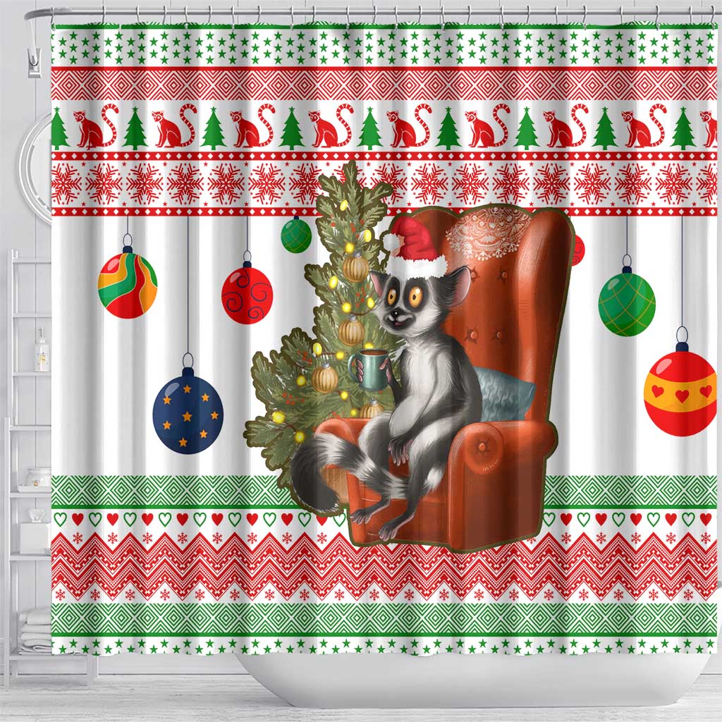 Madagascar Christmas Shower Curtain with Lemur Santa Hat Holiday Tree and Festive Pattern - Wonder Print Shop