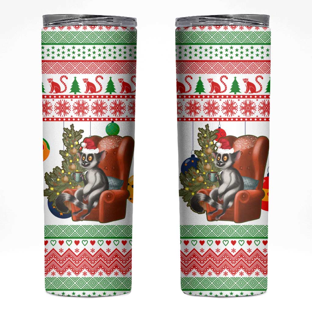 Madagascar Christmas Skinny Tumbler with Lemur Santa Hat Holiday Tree and Festive Pattern - Wonder Print Shop