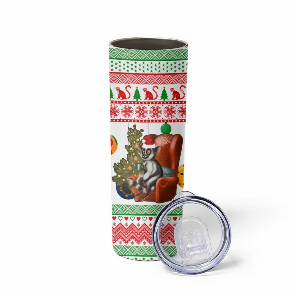 Madagascar Christmas Skinny Tumbler with Lemur Santa Hat Holiday Tree and Festive Pattern - Wonder Print Shop