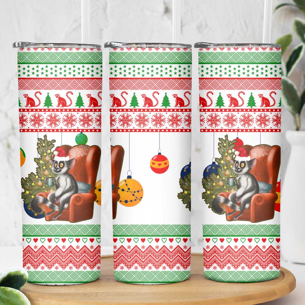 Madagascar Christmas Skinny Tumbler with Lemur Santa Hat Holiday Tree and Festive Pattern - Wonder Print Shop