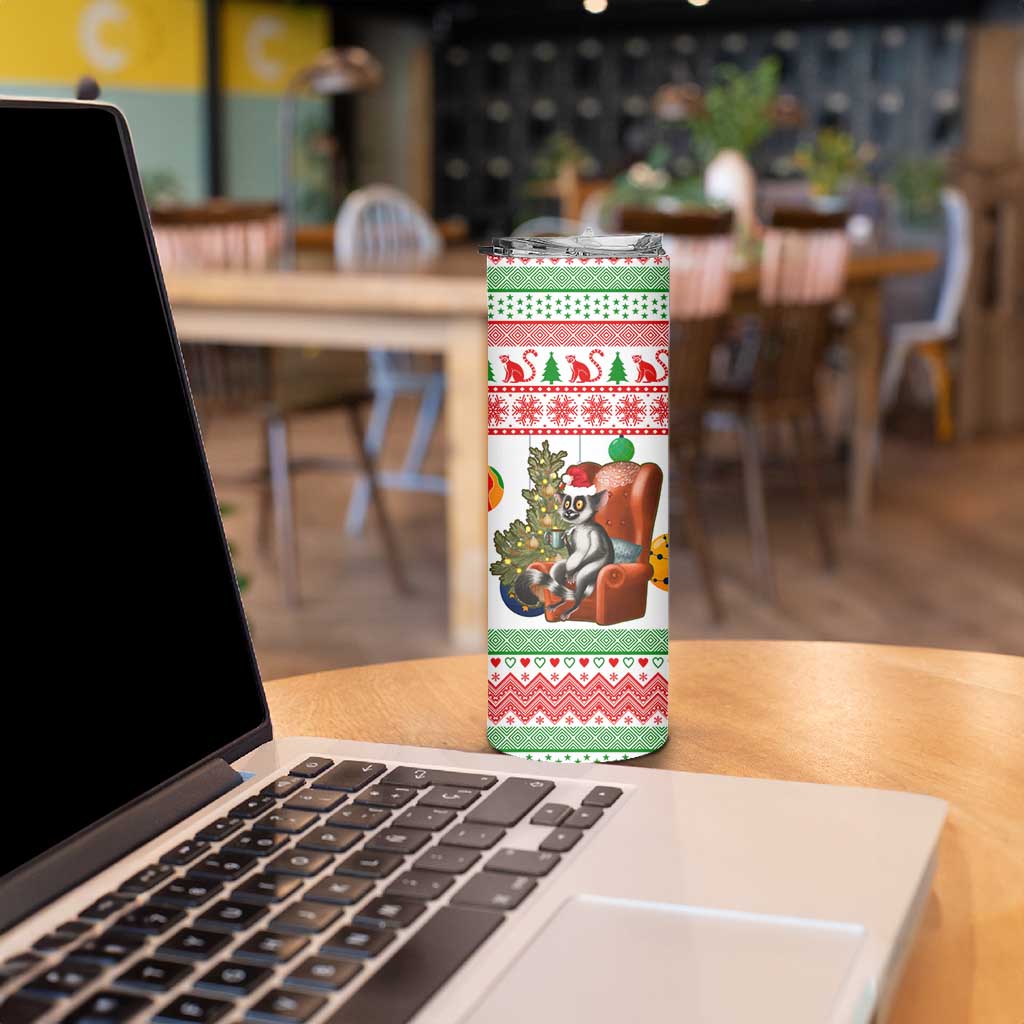 Madagascar Christmas Skinny Tumbler with Lemur Santa Hat Holiday Tree and Festive Pattern - Wonder Print Shop