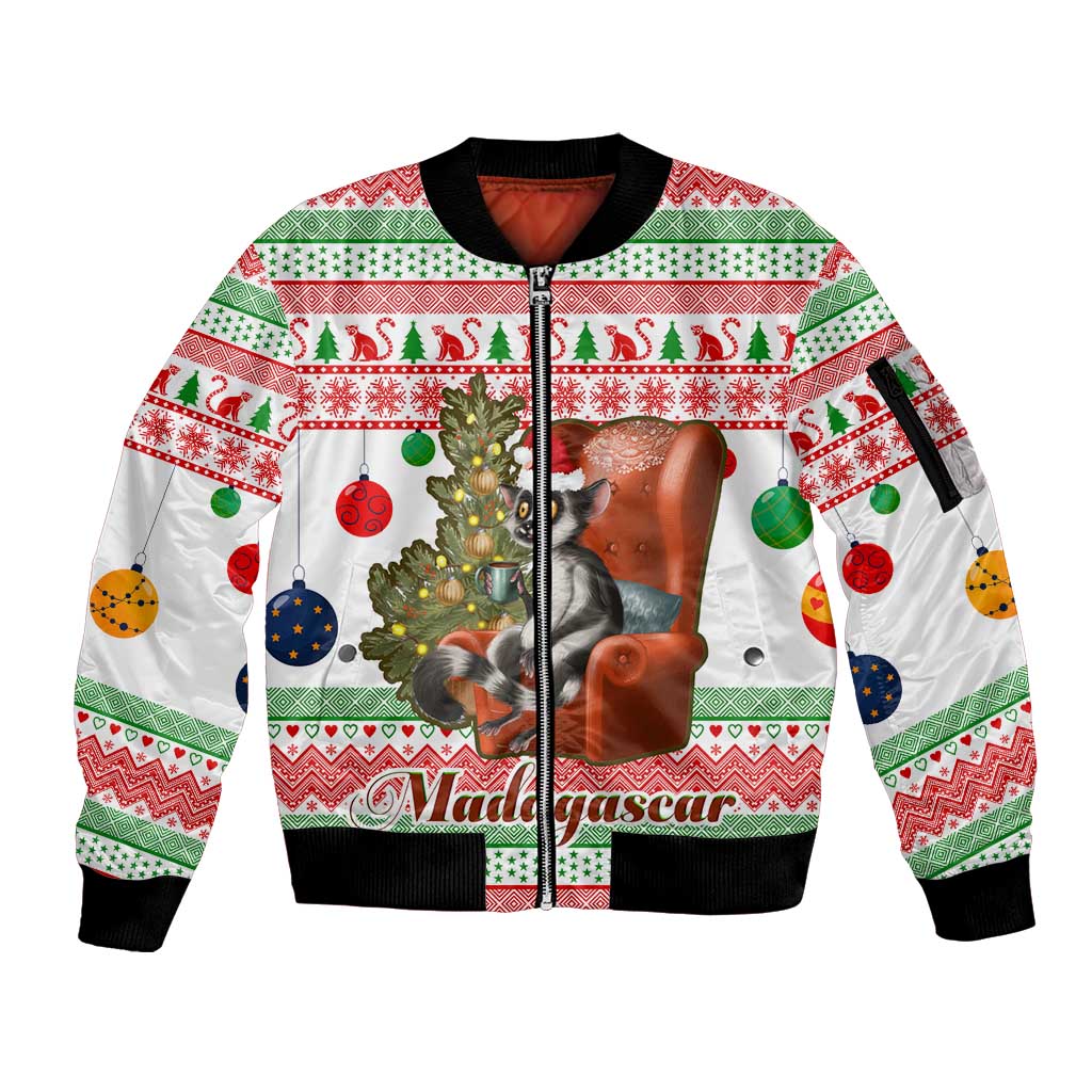 Madagascar Christmas Sleeve Zip Bomber Jacket with Lemur Santa Hat Holiday Tree and Festive Pattern - Wonder Print Shop