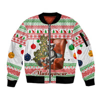 Madagascar Christmas Sleeve Zip Bomber Jacket with Lemur Santa Hat Holiday Tree and Festive Pattern - Wonder Print Shop