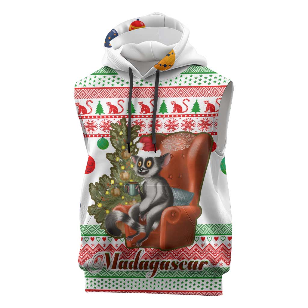 Madagascar Christmas Sleeveless Hoodie with Lemur Santa Hat Holiday Tree and Festive Pattern - Wonder Print Shop