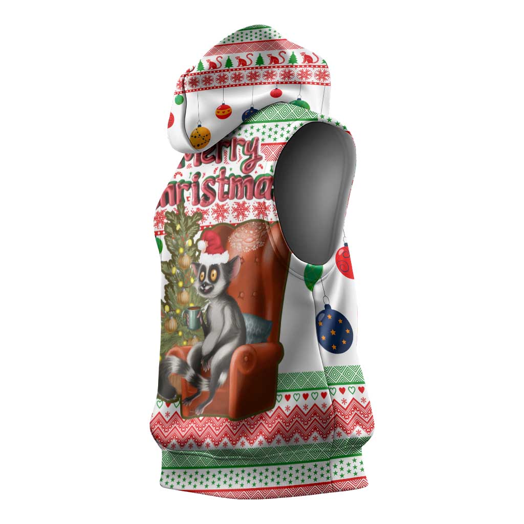 Madagascar Christmas Sleeveless Hoodie with Lemur Santa Hat Holiday Tree and Festive Pattern - Wonder Print Shop