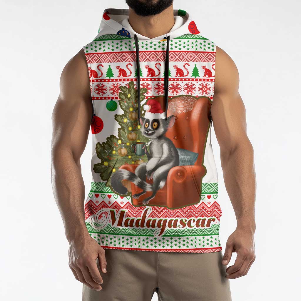 Madagascar Christmas Sleeveless Hoodie with Lemur Santa Hat Holiday Tree and Festive Pattern - Wonder Print Shop