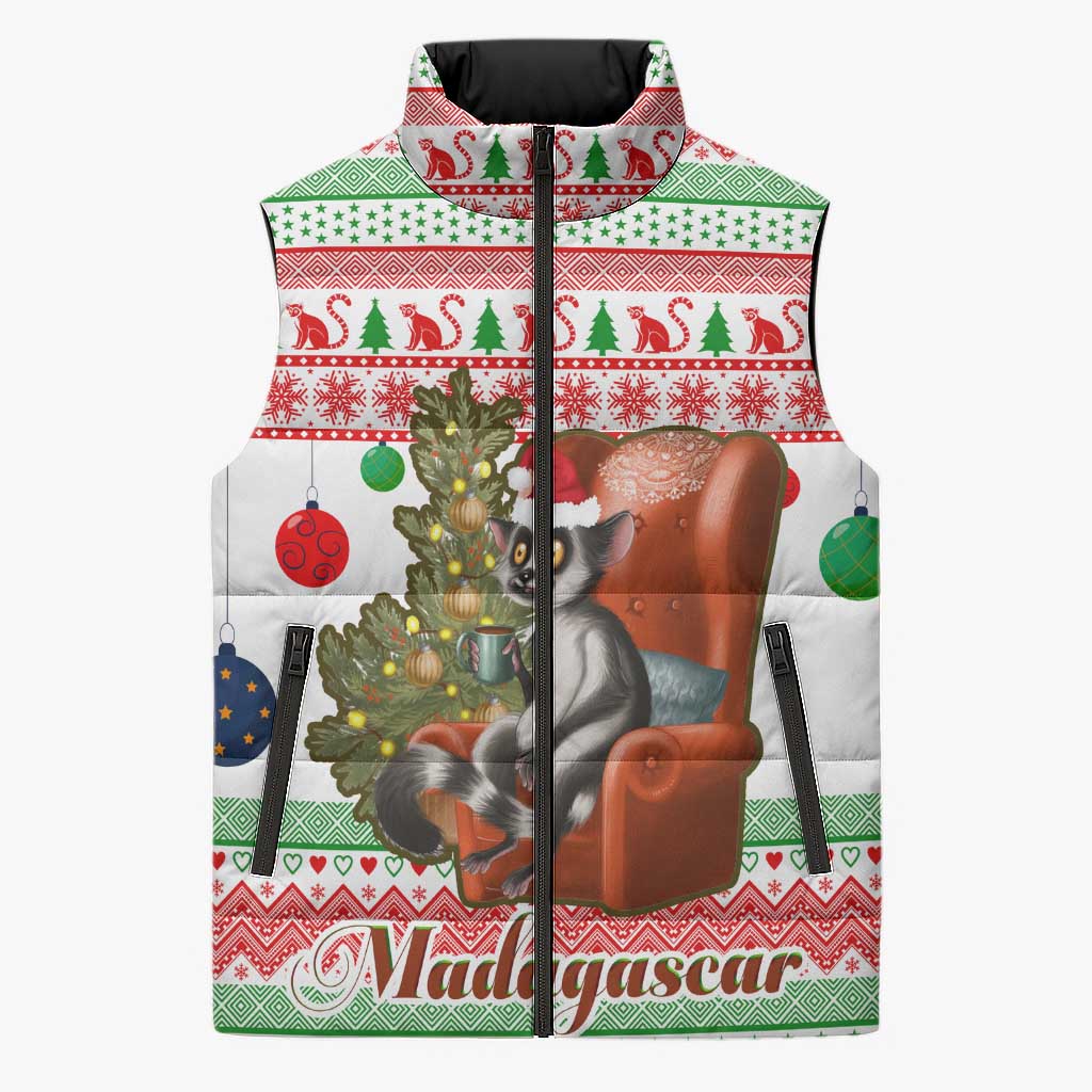 Madagascar Christmas Sleeveless Puffer Jacket with Lemur Santa Hat Holiday Tree and Festive Pattern - Wonder Print Shop