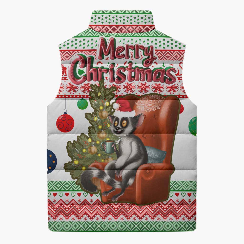 Madagascar Christmas Sleeveless Puffer Jacket with Lemur Santa Hat Holiday Tree and Festive Pattern - Wonder Print Shop