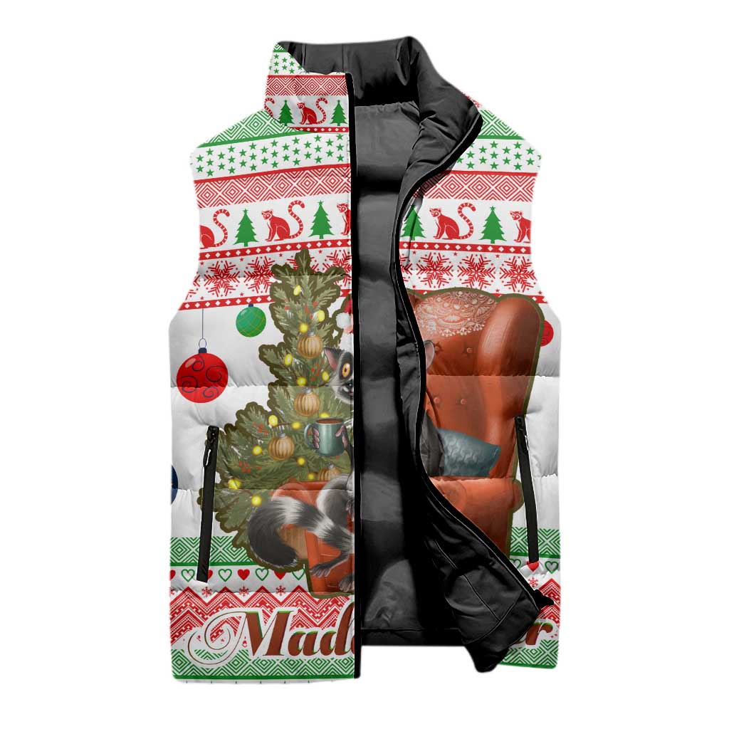 Madagascar Christmas Sleeveless Puffer Jacket with Lemur Santa Hat Holiday Tree and Festive Pattern - Wonder Print Shop